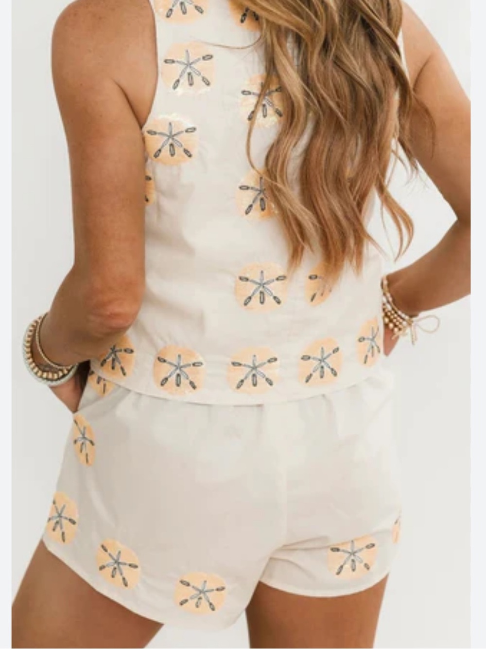 QUEEN OF SPARKLES Sequin Sand Dollar Cotton Tie Tank Top & Shorts Matching Set - Picture 4 of 10